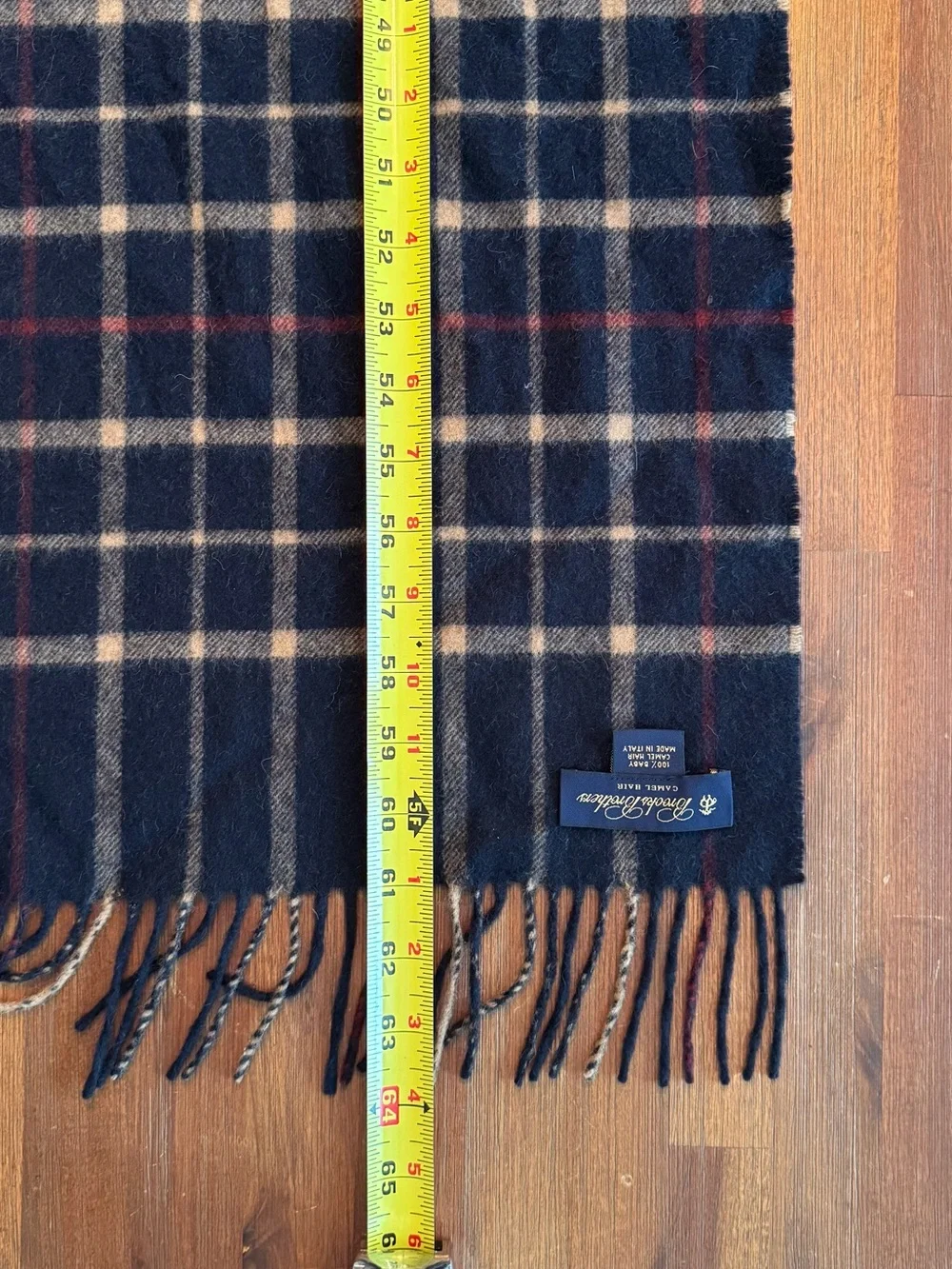 Brooks Brothers 100% Baby Camel Hair Scarf Italy Navy Plaid Fringe Luxury Preppy